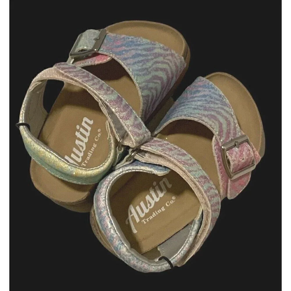 Austin Trading Co Girls 5D Sandals Pastel Glitter Faux Suede Footbed